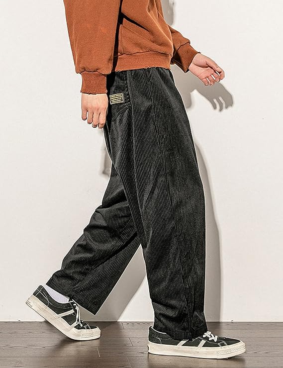 Gihuo Mens Corduroy Pants Elastic Waist Sweatpants Vintage Cargo Sweatpants Loose Wide Leg Pants Hip Pop Streetwear