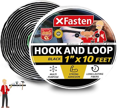 Cinta de gancho y bucle, negro, tiras industriales de 1 pulgada x 10 pies con adhesivo resistente, rollo de gancho y bucle para interiores de XFasten
