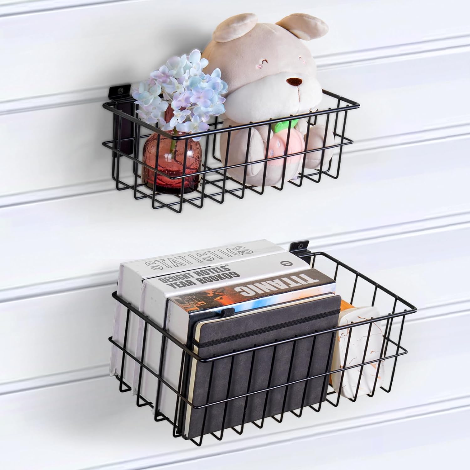 4Pcs Large Slatwall Baskets Set Ventilated Metal Pegboard Baskets Slatwall Basket, Hanging Storage Baskets for PVC Slatwall Panel, Storage Display on Garage Slatwall Panels, Slatwall Accessories Black