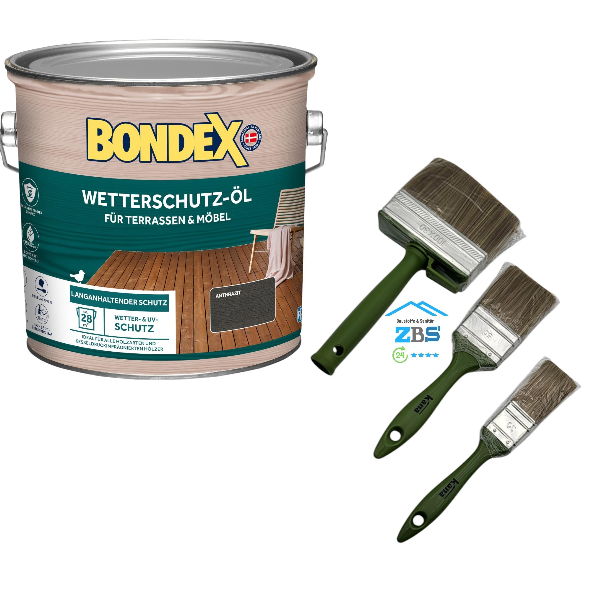 zbs24 Bondex Wetterschutz-Öl für Terrassen und Gartenmöbel, hoher Wetterschutz, wasserbasiert, UV-Schutz, inkl. 3-teiligem Pinselset (teak, 2,5 Liters)