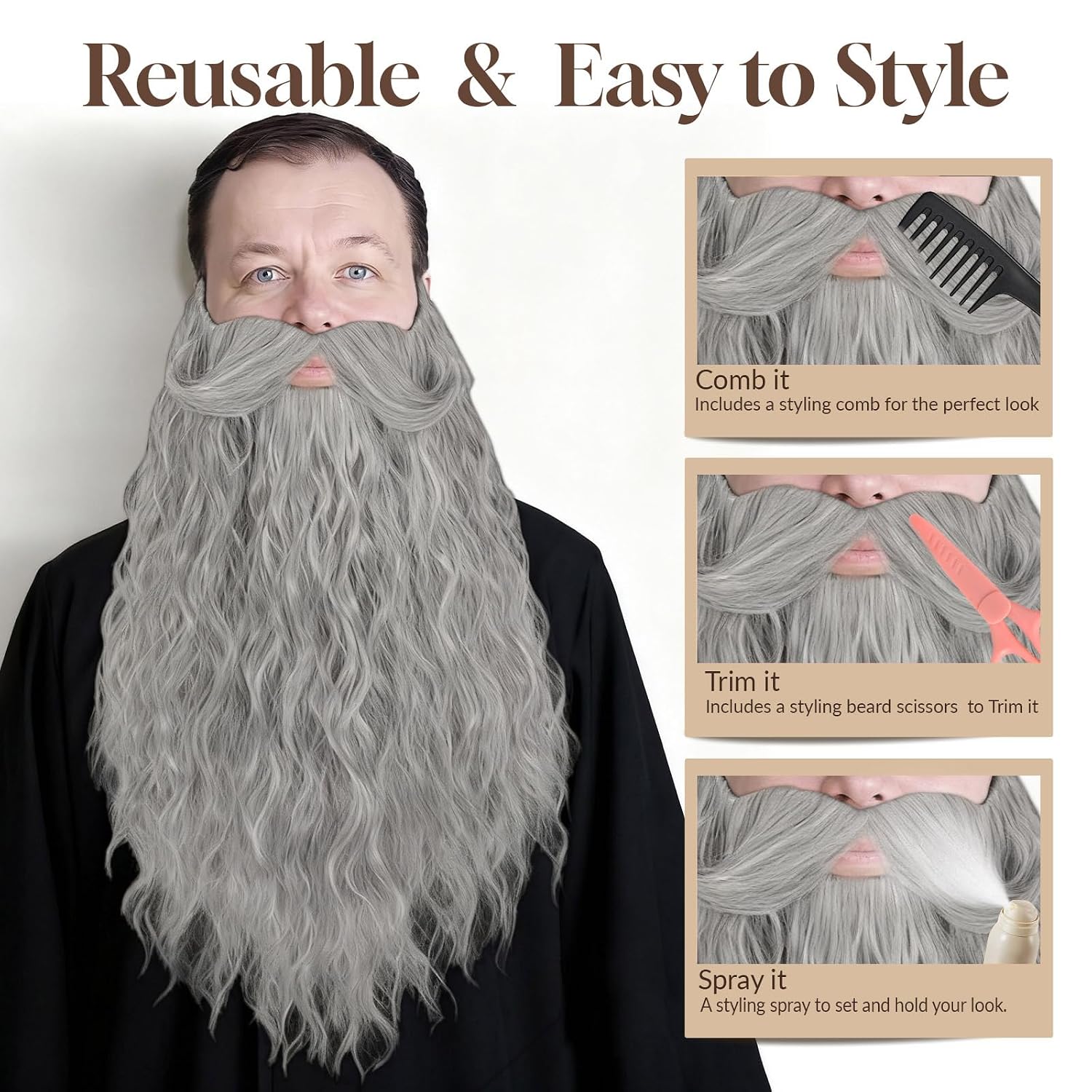 Fake Beard for Men Long Curly Full Wizard Beard with Handlebar Mustache Cosplay Costume Facial Hair Accessory Kit Includes Comb & Scissors (Grey)