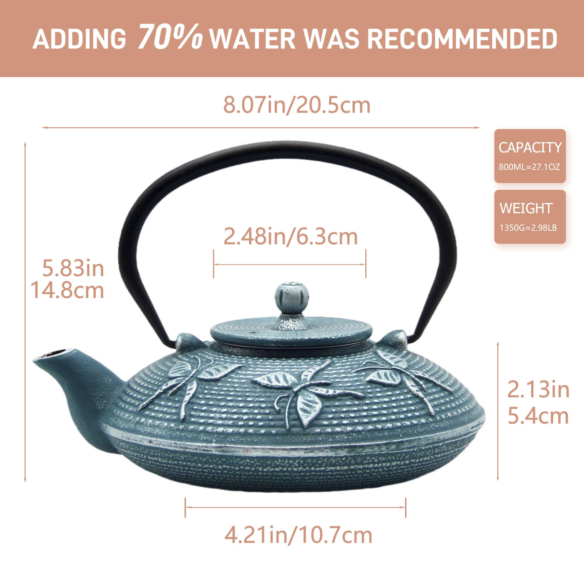 Tetera de hierro fundido, tetera SECHUDO recubierta con interior esmaltado para té suelto, tetera de hierro fundido con infusor de acero inoxidable para estufa segura (27 onzas, patrón 2)