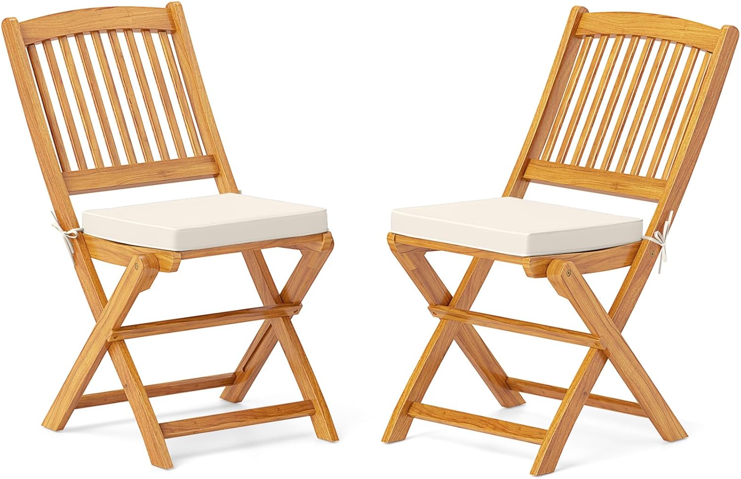 Giantex Patio Folding Chairs Set of 2, Portable Acacia Wood Dining Chair w/Seat Cushion, 400 LBS Weight Capacity, Outdoor Chairs for Porch, Balcony, Backyard, Poolside, Garden (Beige)