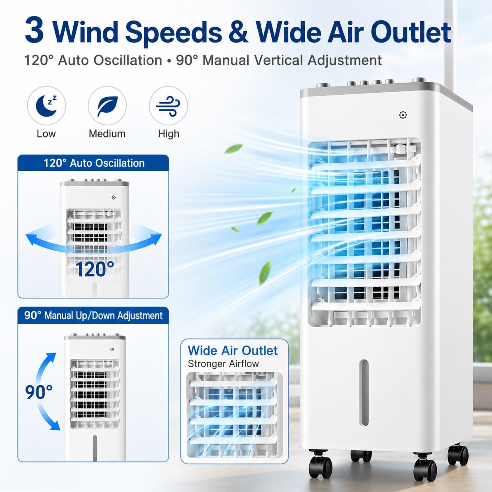 Enfriador de Aire, Climatizador Evaporativo Portátil | Oscilación 120°, 3 Velocidades, 75W, con depósito de 9 L, para Hogar, Oficina, Dormitorio(White)