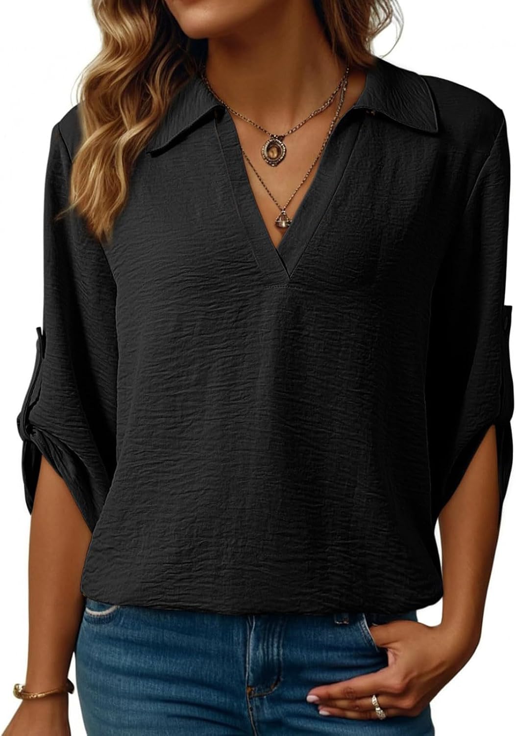 Women's V Neck 3/4 Sleeve Blouses Casual Loose Fit Work Shirts for Office Breathable Business Summer Fashion Tops