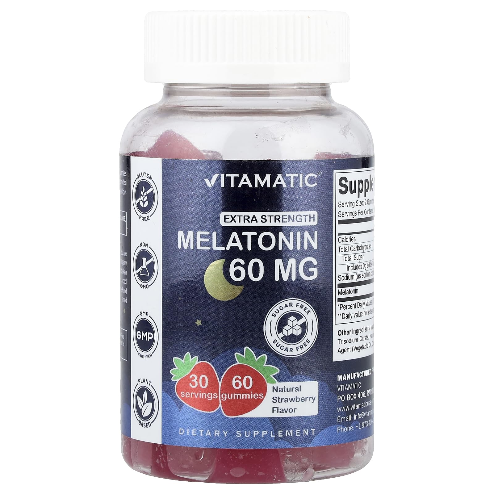 Vitamatic Sugar Free Melatonin 60 mg - 60 Vegetarian Gummies - Non-Habit Forming Supplement