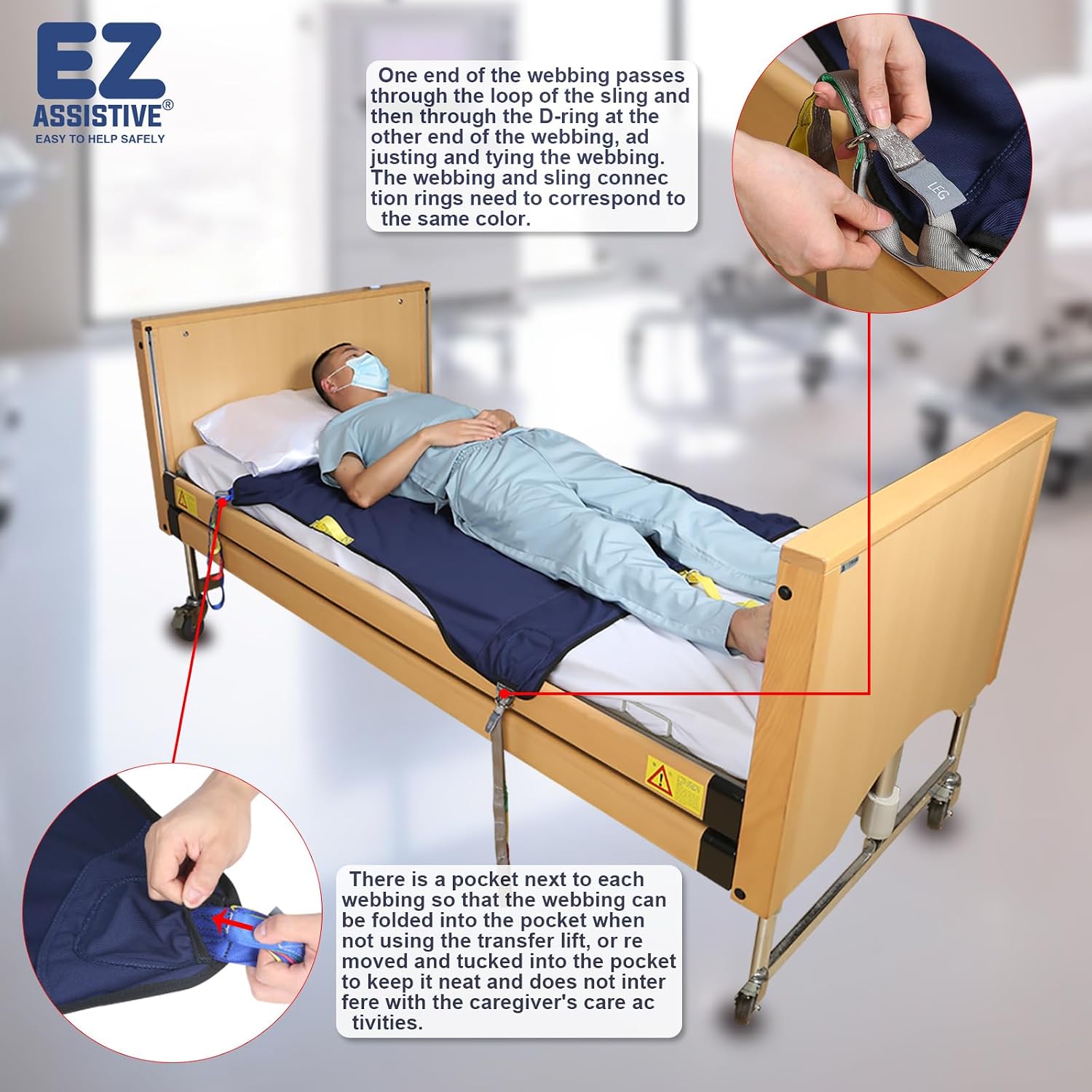 EZ Assistive Patient Lift Sling Quick Detach Sling for Bedridden,Long Sit Aid Sling Without Remove from Bed,SWF 500lbs (Large)