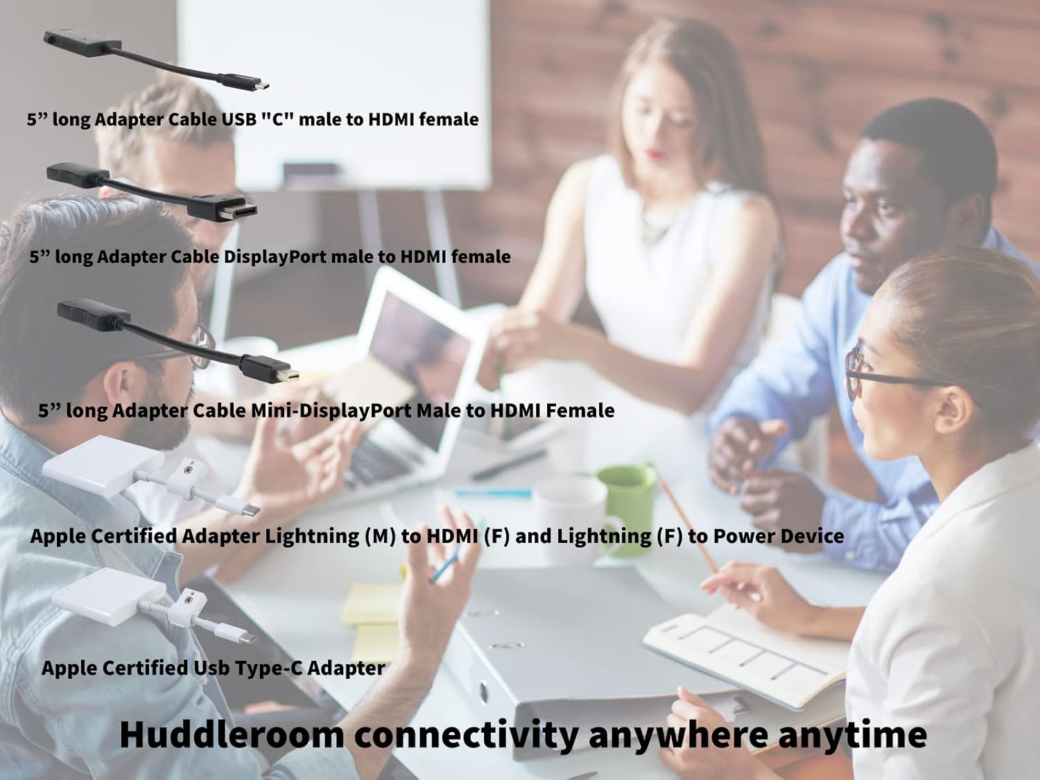 Liberty Patented HDMI Adapter Ring with 5” DisplayPort, 5” Mini DP, Lightning & 5” USB-C Pigtail adapters Provide connectivity for conference rooms. Laptop, iPad, Macbook Pro, Galaxy, Chromebook.