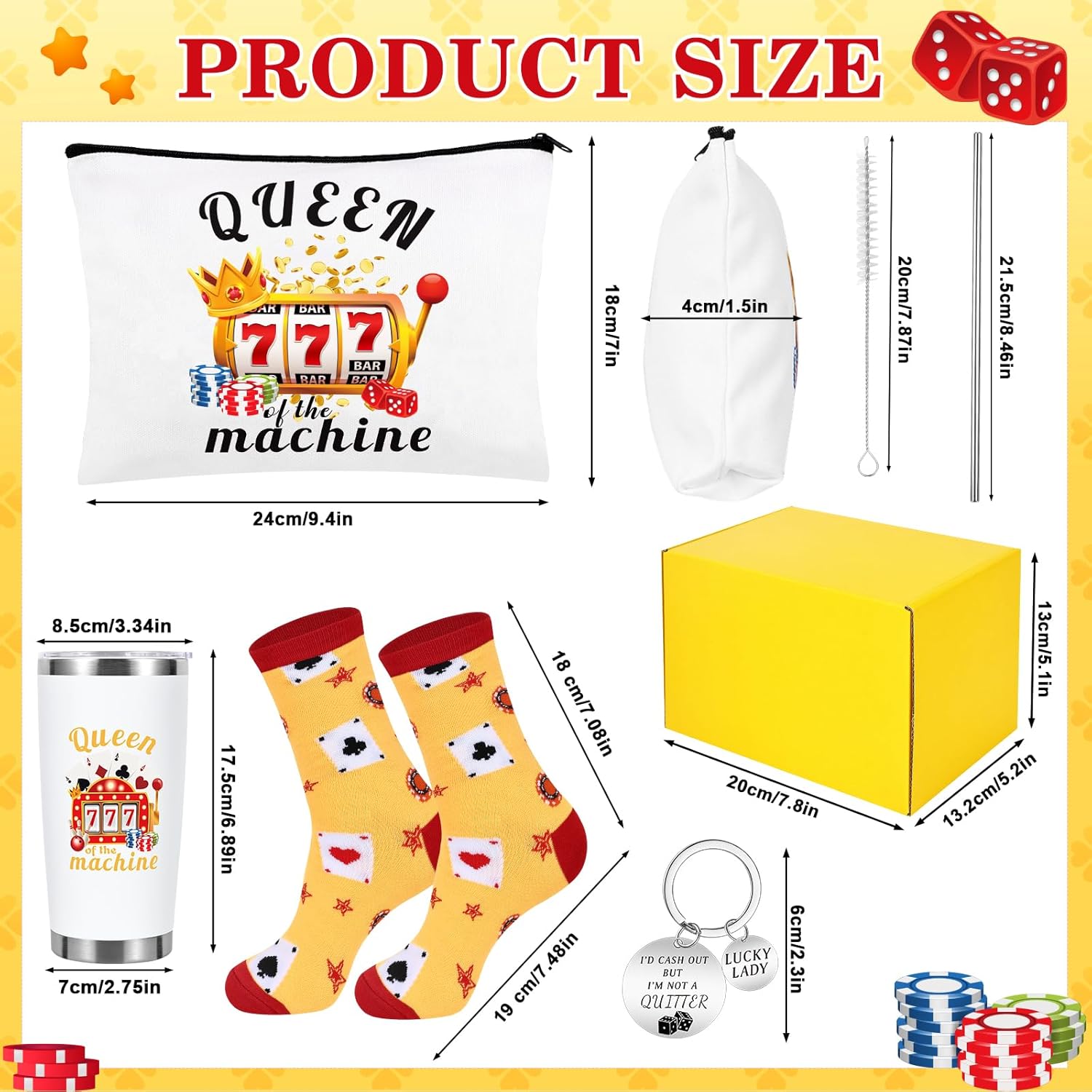 Gambling Gifts, Casino Gifts for Women Include 20 oz Casino Stainless Steel Tumbler Makeup Bag Fnuuy Socks Keychain Slot Machine Gift for Christmas Birthday Party