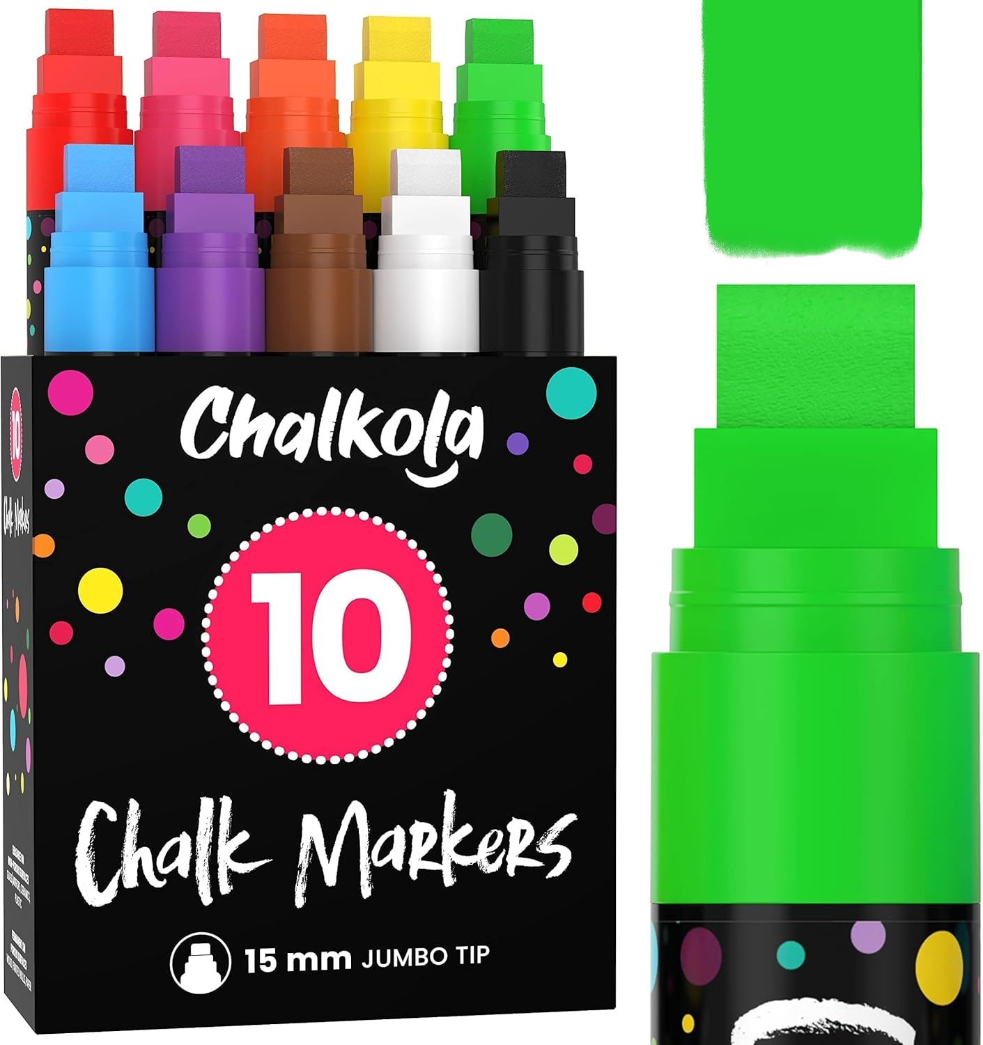 Chalkola Window Markers - 15mm Jumbo - 3 in 1 Nib with 28g Ink - Pack of 10 Neon Chalk Pens - Loved by Teachers, Kids, Artists, Businesses - Use on Chalkboard, Blackboard, Glass, Bistro, Cars