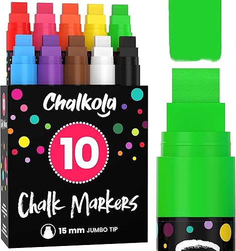Chalkola Marcadores de ventana – 0.591 in Jumbo – Punta 3 en 1 con tinta de 0.99 oz – Paquete de 10 bolígrafos de tiza neón – Amados por profesores