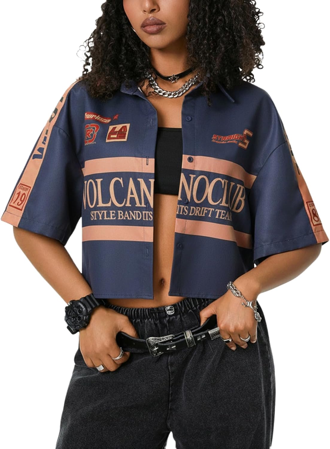 SOLY HUX Women's Summer Button Down Vintage Shirt Short Sleeve Graphic Crop Tops Motorcycle Blouse