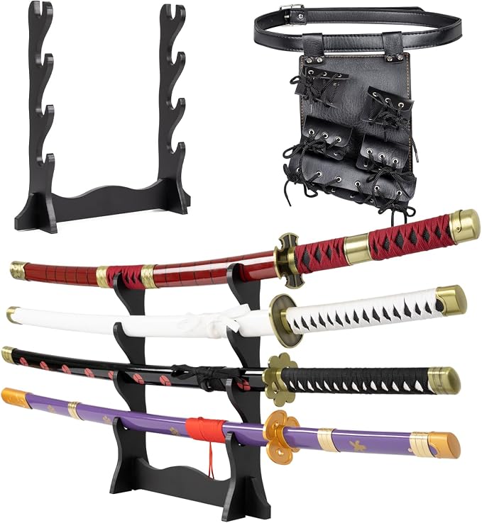 Adust Carbon Steel Roronoa Zoro Swords, Real Metal Anime Sword, Roronoa Zoro Cosplay Costume 41 inch Overall, Japanese Zoro Katana Samurai Sword 3-Piece Set/4-Piece Set