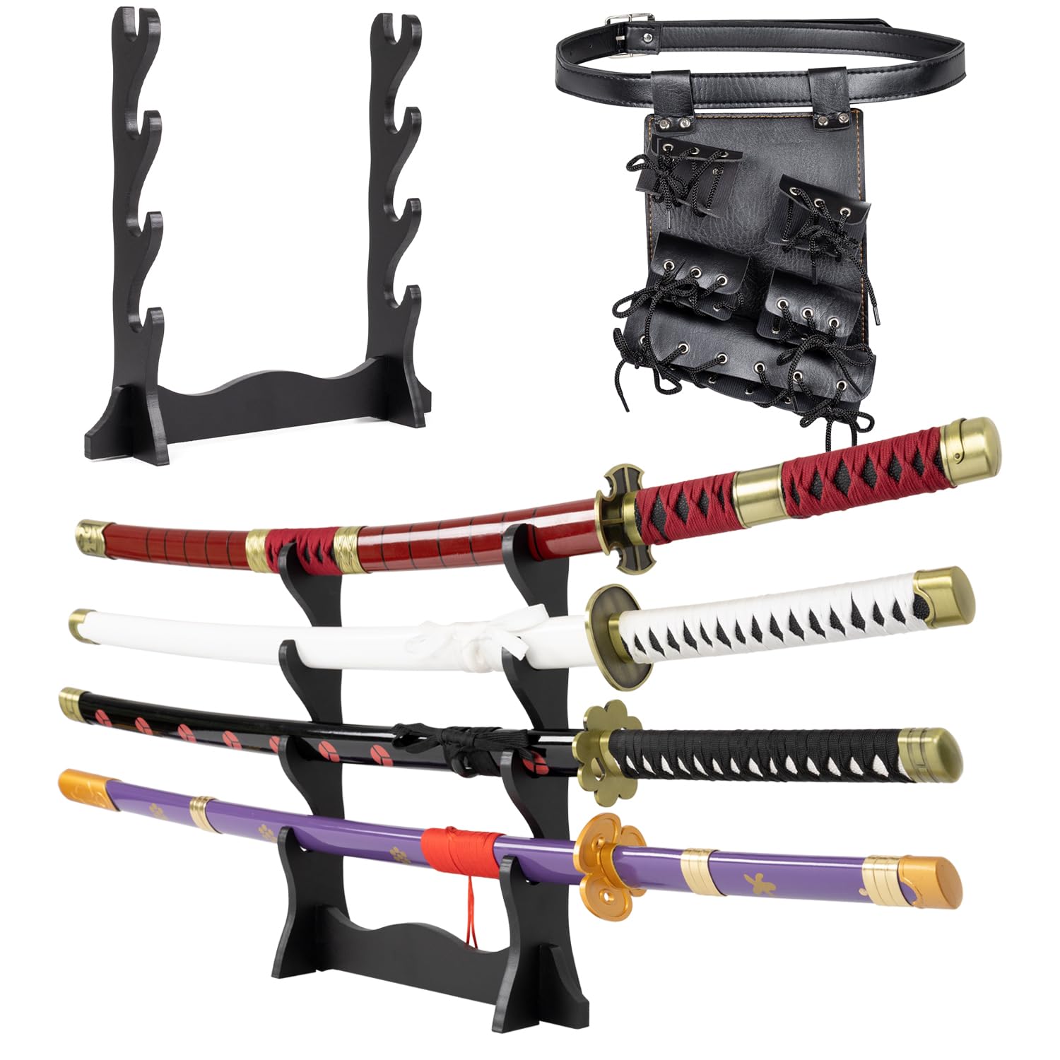 Adust Carbon Steel Roronoa Zoro Swords, Real Metal Anime Sword, Roronoa Zoro Cosplay Costume 41 inch Overall, Japanese Zoro Katana Samurai Sword 3-Piece Set/4-Piece Set Set C-Yama Enma/Kitestu/Shusui/Wado Ichimonji