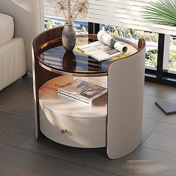 Stable Dorm Bedside Table End Table, Leather Couch Side Table Nightstand, Sofa Table Coffee Table with Drawer, Solid Wood Frame Storage for Living Room, BedroomOrange