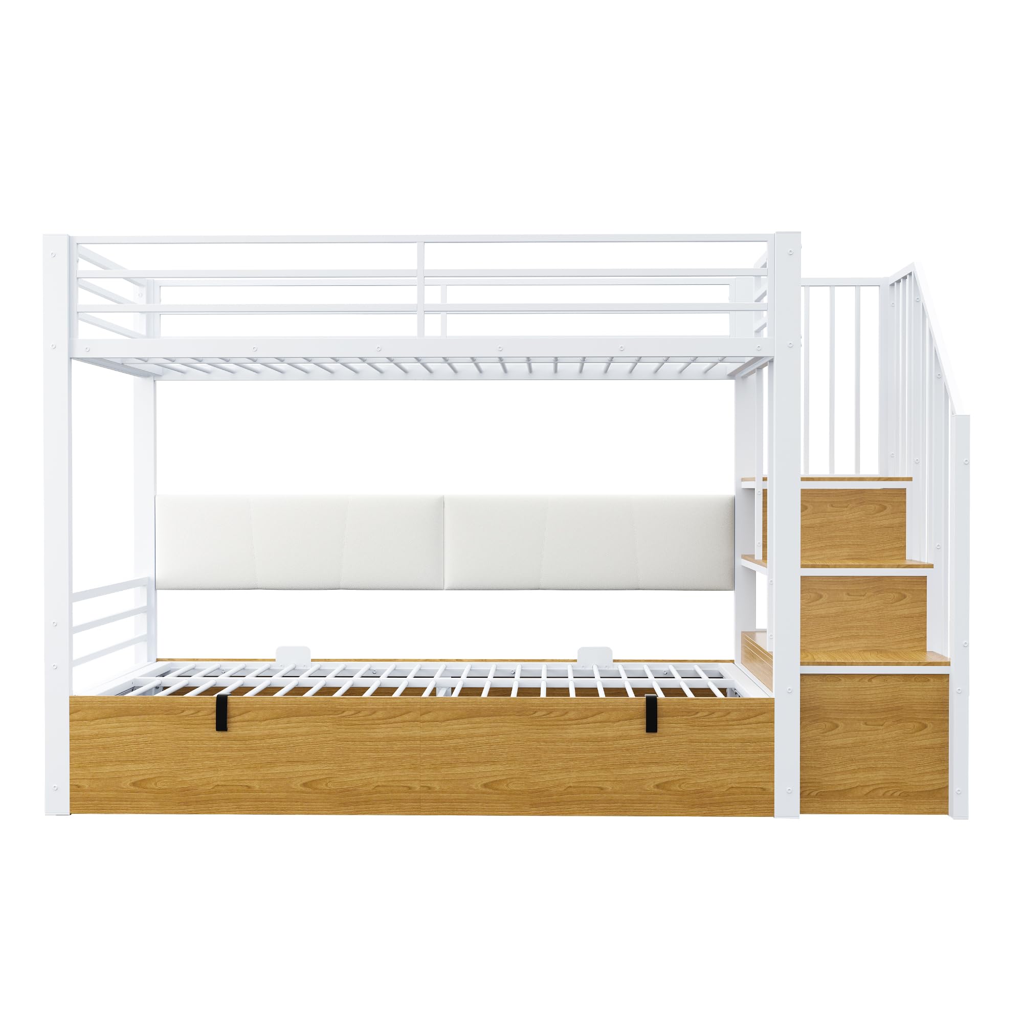 Kinderbett Etagenbett 90x200, Hochbett mit Hydraulisch Stauraum und Treppe, Hausbett mit Rückenlehne aus PU, Metall Bett Bettgestell mit Lattenrost und Rausfallschutz, Ohne Matratze (Weiß)