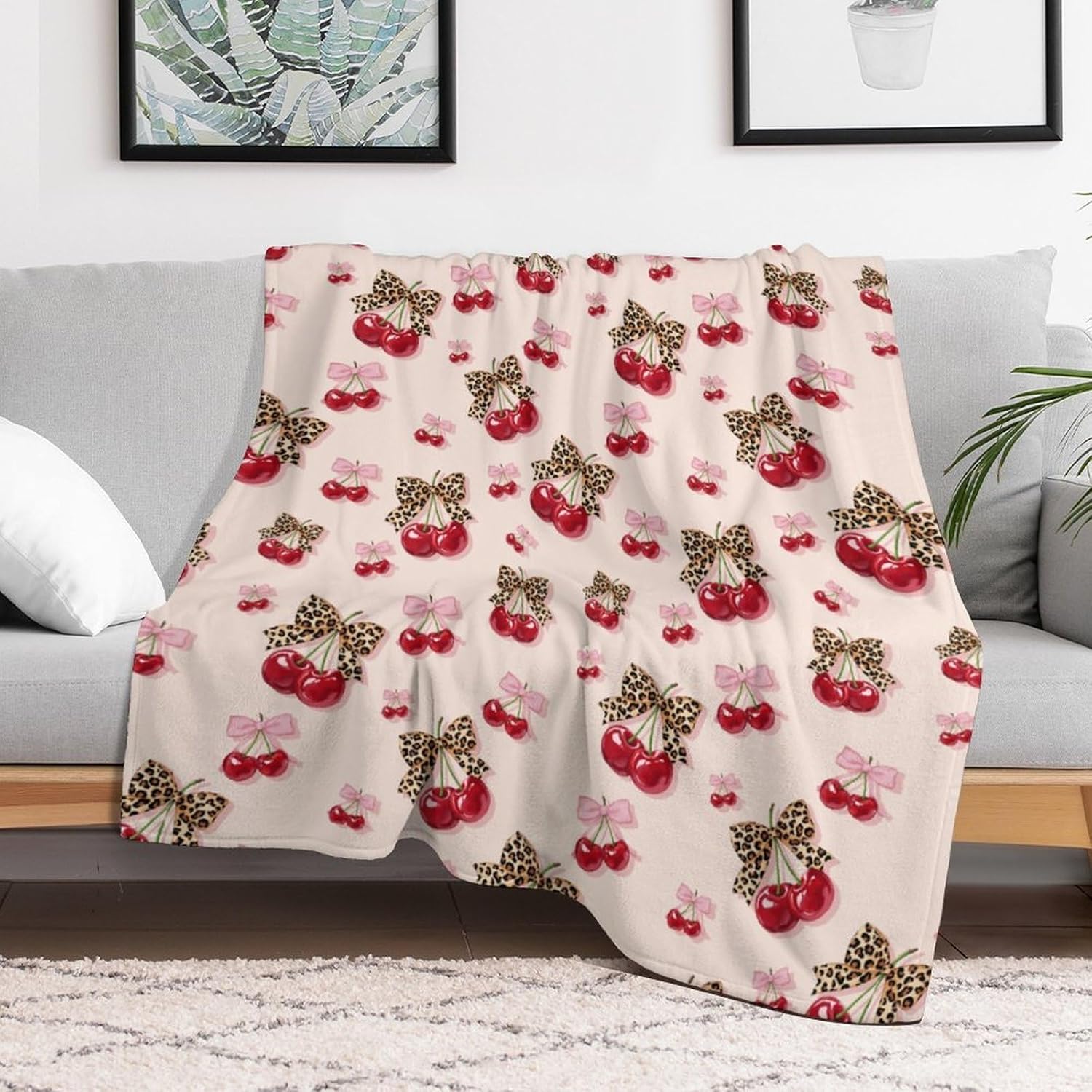 Throw Blanket Leopard Cherry Soft Flannel Warm Blankets Decor for Sofa Couch Bedroom Blanket Gifts for Kid Adult 60"*80"