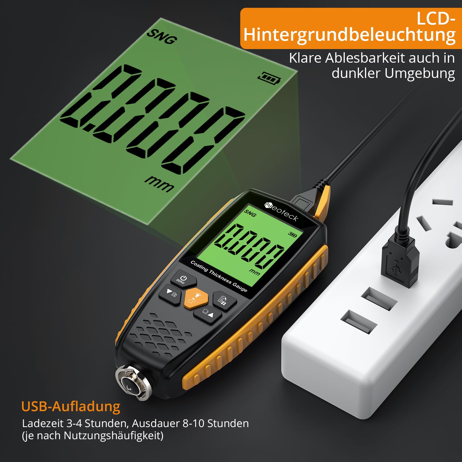 Neoteck Lackdickenmessgerät Wiederaufladbar Schichtdickenmessgerät Automatische Erkennung mit Leserotation, DREI Messmodi, 0-1300μm