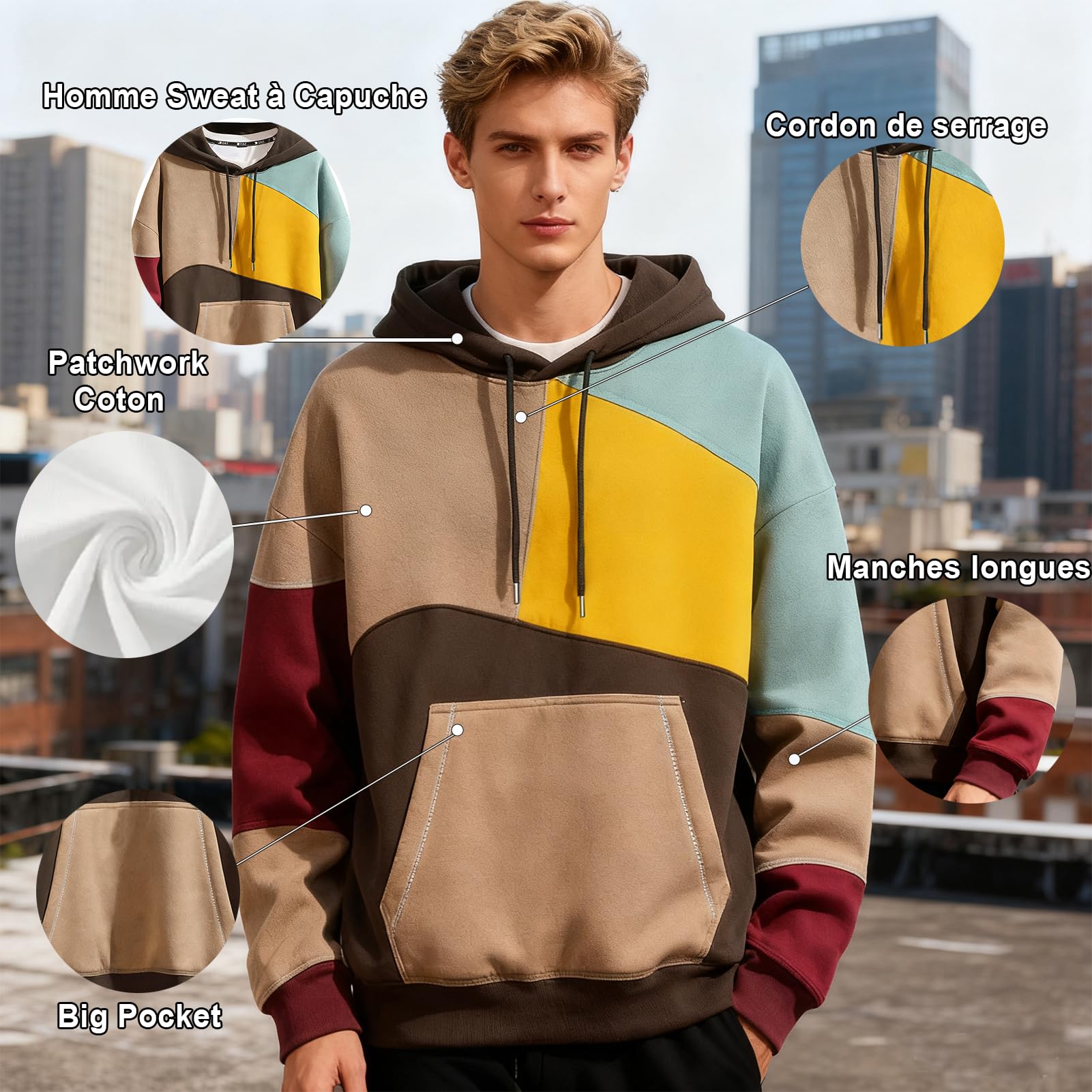 Homme Sweat à Capuche Patchwork Sweatshirt Homme Léger Pull à Capuche Techwear Pullover pour Hiver et Automne