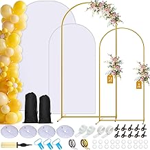 Juego de 2 soportes y cubierta de arco de metal, soporte de arco de fondo dorado de 7.2 pies y 6 pies con fondo blanco de elastano, kit de guirnalda de globos para fiestas de cumpleaños, boda