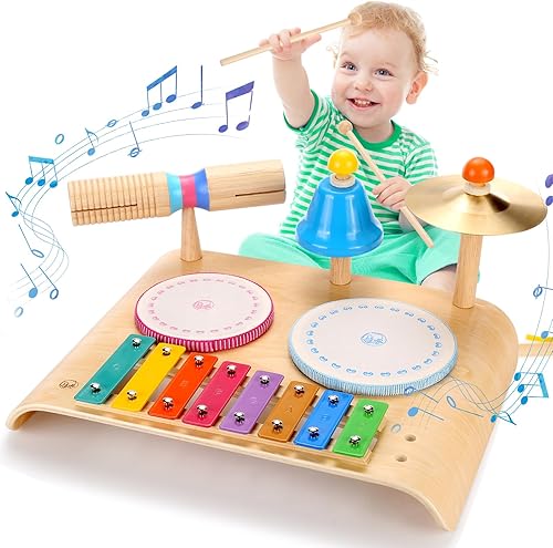 Juego de batería para niños, tambor para niños pequeños con xilófono, instrumentos de percusión de madera 8 en 1, juguetes musicales Montessori,