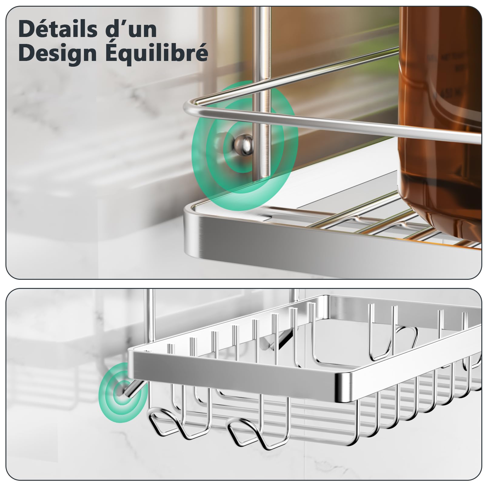 Etagère Douche Sans Percage 3 Pièces avec Porte-Savon Murale de Rangement pour Bouteilles de Shampoing Gel 304 Acier Inoxydable Grande Capacité Support Douche pour Salle de Bain(Argent)