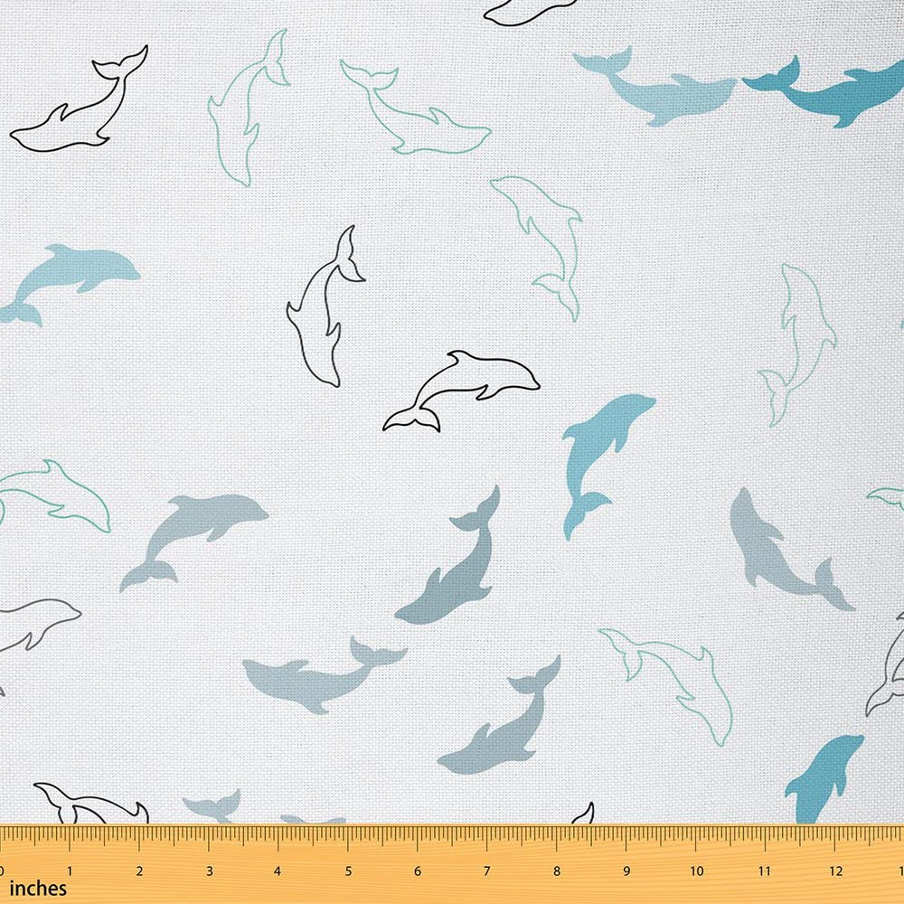 Dolphin Fabric by The Yard Modern Abstract Blue Ocean Marine Themed Upholstery Fabric for Chairs and Sea Creatures Pattern Decorative Waterproof Fabric 10 Yards (L920*W150cm) White Blue