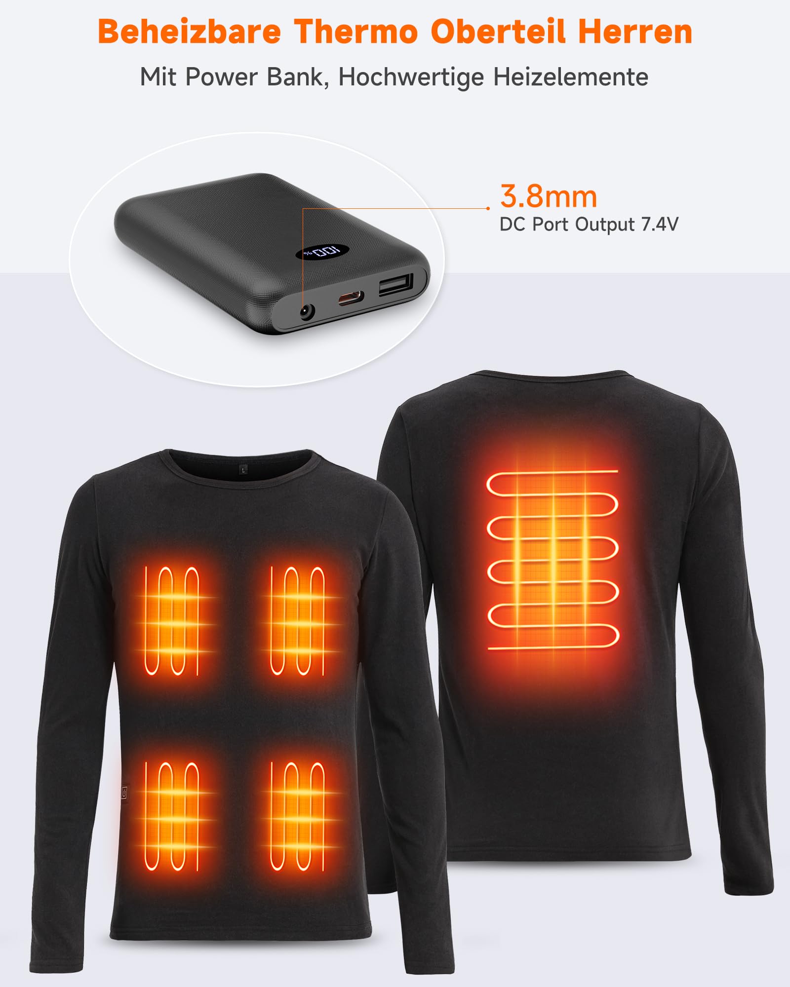 T-shirt chauffant à manches longues pour homme avec Power Bank Poids moyen Sous-vêtements thermiques chauffants Hauts Sous-vêtement thermique électrique Couche de base