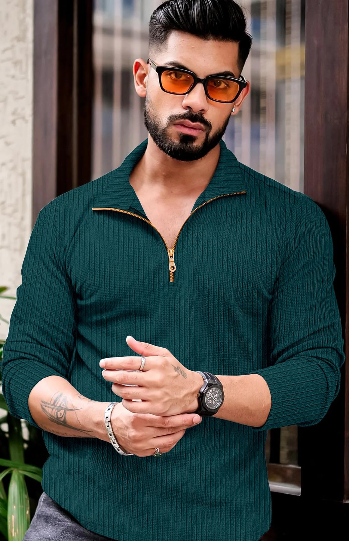 KAJARU Men's Quarter Zip Pullover T-Shirt, Cable Knit Pattern, Full Sleeve (in, Alpha, M, MOREPINCH) - Image 2 thumbnail