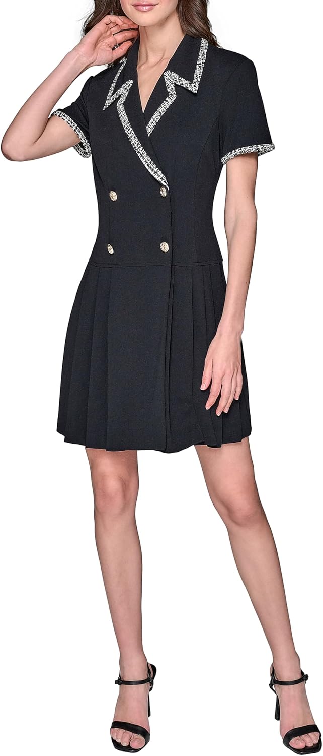 Karl Lagerfeld Womens Jacquard Trim Pleated Skirt Short Sleeve Coat