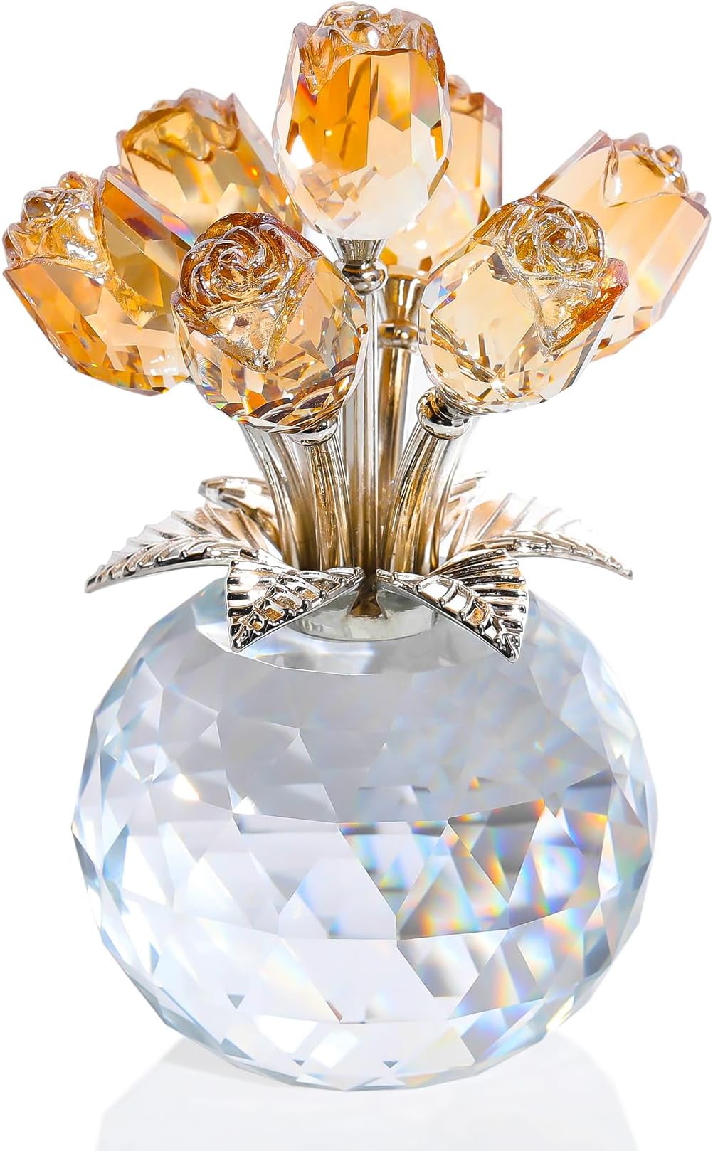 Crystal Gold Roses Flower Figurine with Vase, Glass Roses Bouquet Floral Collectible Gifts for Women Mum on Valentine's Day Golden Wedding Anniversary