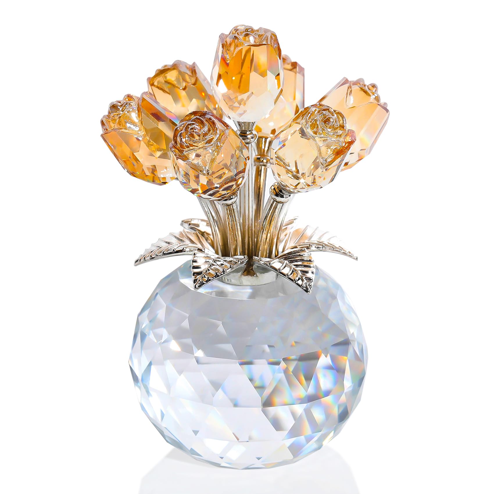 OrnalristCrystal Gold Roses Flower Figurine with Vase, Glass Roses Bouquet Floral Collectible Gifts for Women Mum on Valentine's Day Golden Wedding Anniversary