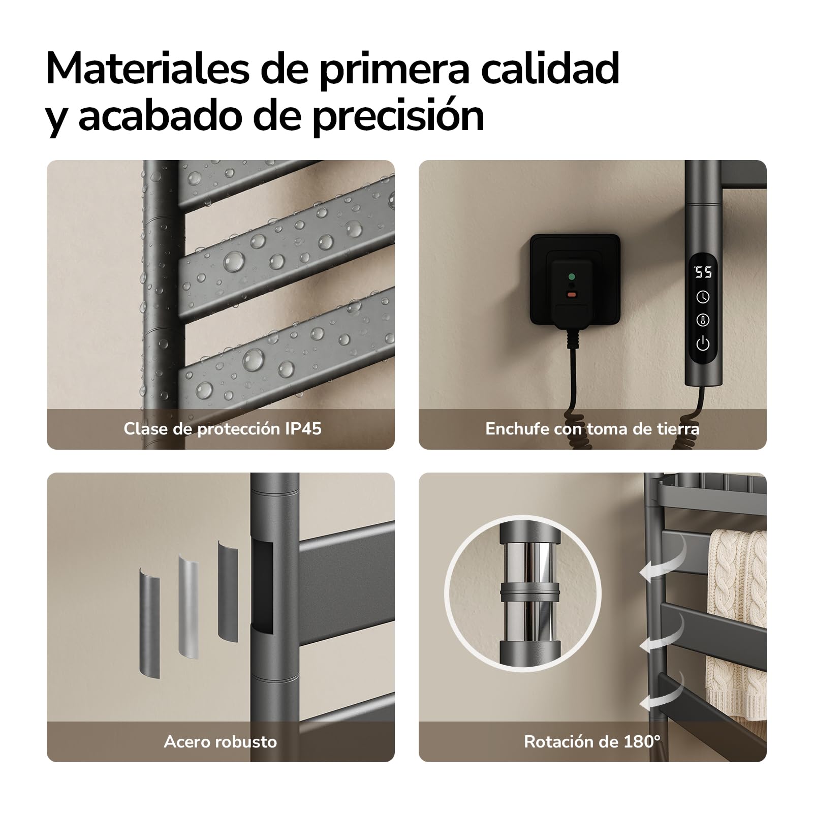 EMKE Toallero Eléctrico Giratorio WiFi, 77x45 cm, Estante,Antracita | Radiador Toallero de Pared con Estante, Fibra de Carbono, 6 Modos,Bajo Consumo,2 formas de instalación