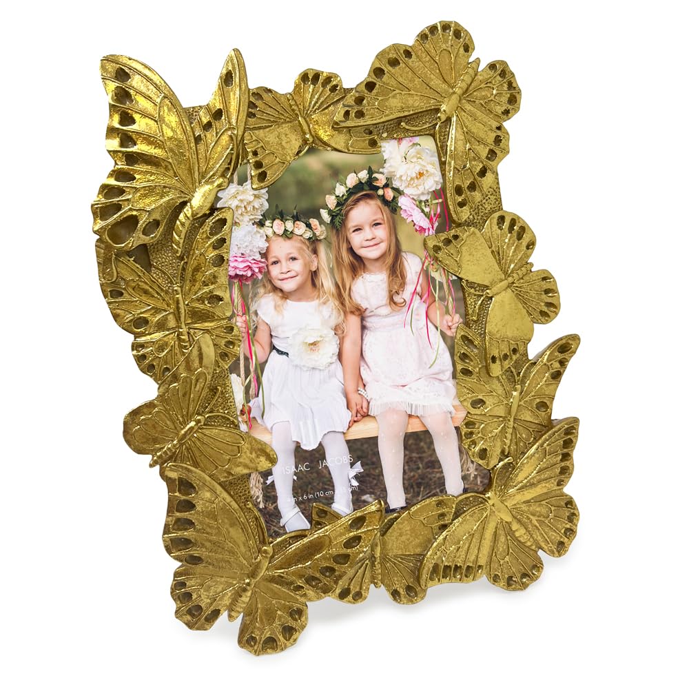 Isaac Jacobs 4x6 Gold Vintage-Inspired Ornate Butterfly Picture Frame, Horizontal & Vertical for Tabletop and Wall Display, Home Décor, Resin Frame (