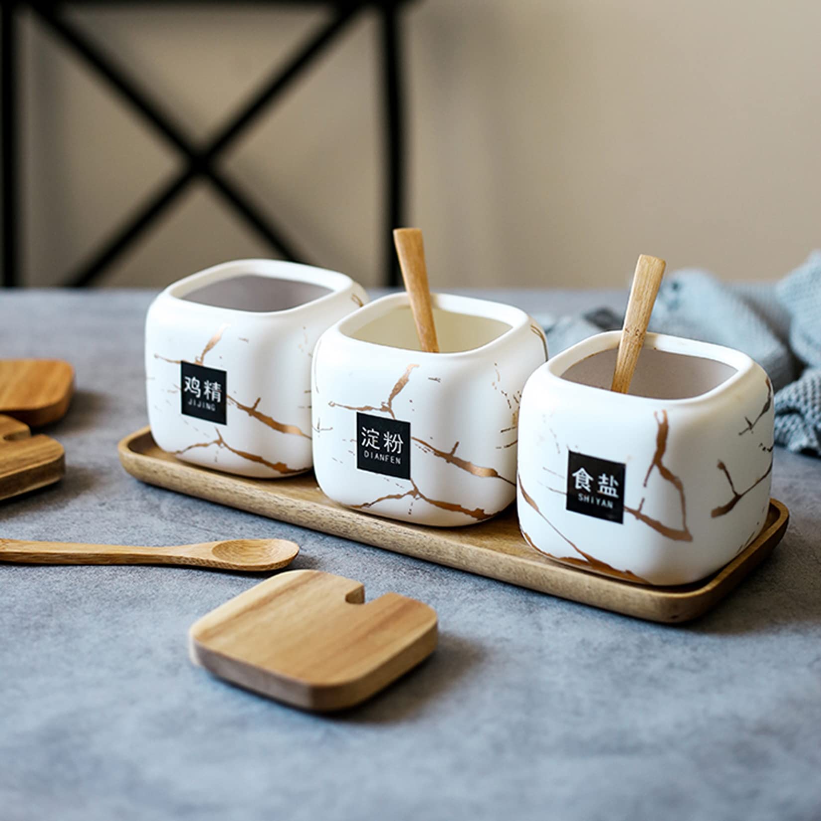Pots à épices en céramique marbrés 3 pièces contenants de Stockage d'épices avec couvercles et cuillère Boîte à épices de 300 ML avec ustensiles de Cuisine en Bois pour étagères à épices,Blanc