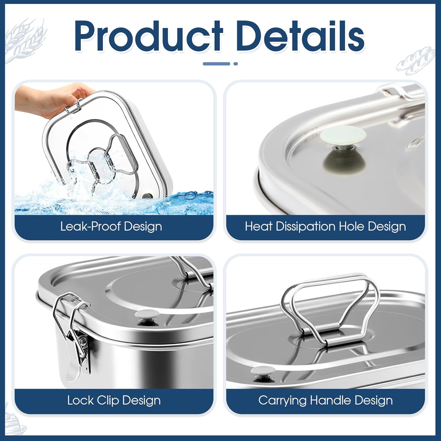 LemonRoad 304 Stainless Steel Bento Box for Adults Leakproof Metal Lunch Box Lunch Container with Bag, Utensil Set, Lid, 3-compartment Tray 1800ml Food Storage Container for Travel Office - Image 4