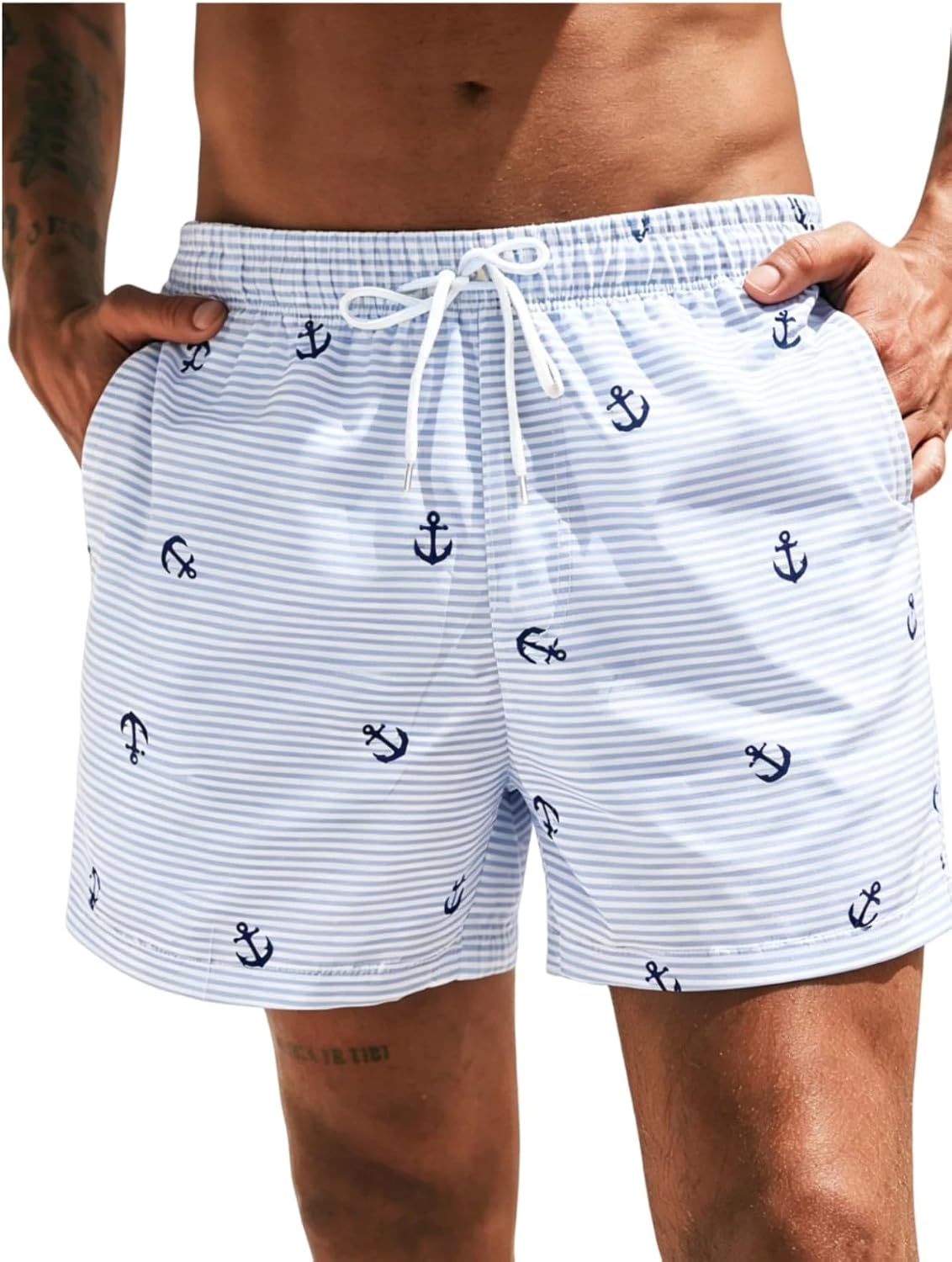 SHENHE Men's Swim Trunks Quicky Dry Drawstring Striped Bathing Suit Beach Shorts with Pockets