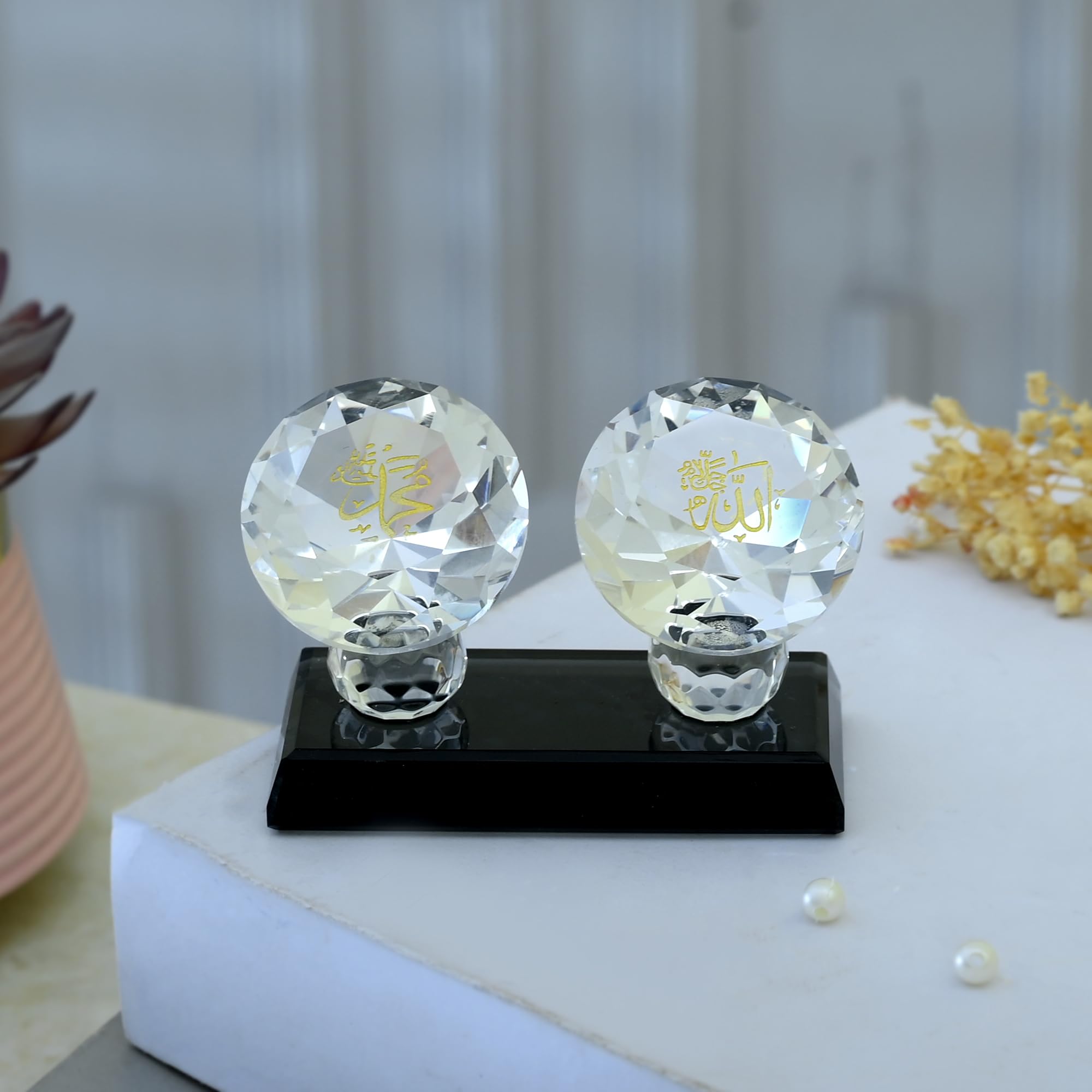 CHUNGROO KhwajaDarbar Crystal Table Top Decor with Golden-Printed Holy Name Allah and Mohammed, Islamic Muslim Collectible Gift