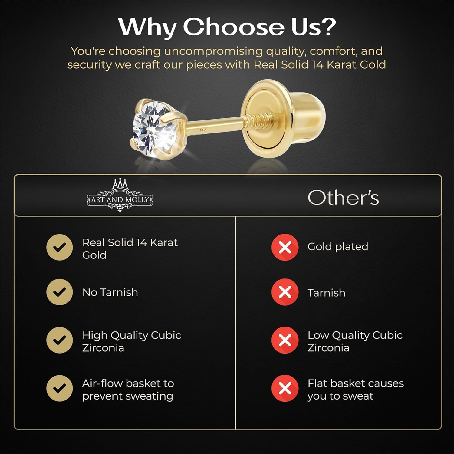 Art and Molly 14K Solitaire Gold Earring Solid 14-Karat Round Cubic Zirconia Stud Earrings with Screw-Back, CZ Studs with Gift-Ready Box - Image 5