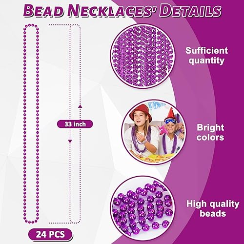 Miniatura 2 de 24 cuentas de Mardi Gras, collar de cuentas moradas, recuerdos de fiesta, collares de Halloween de 33 pulgadas para mujeres y hombres, eventos de