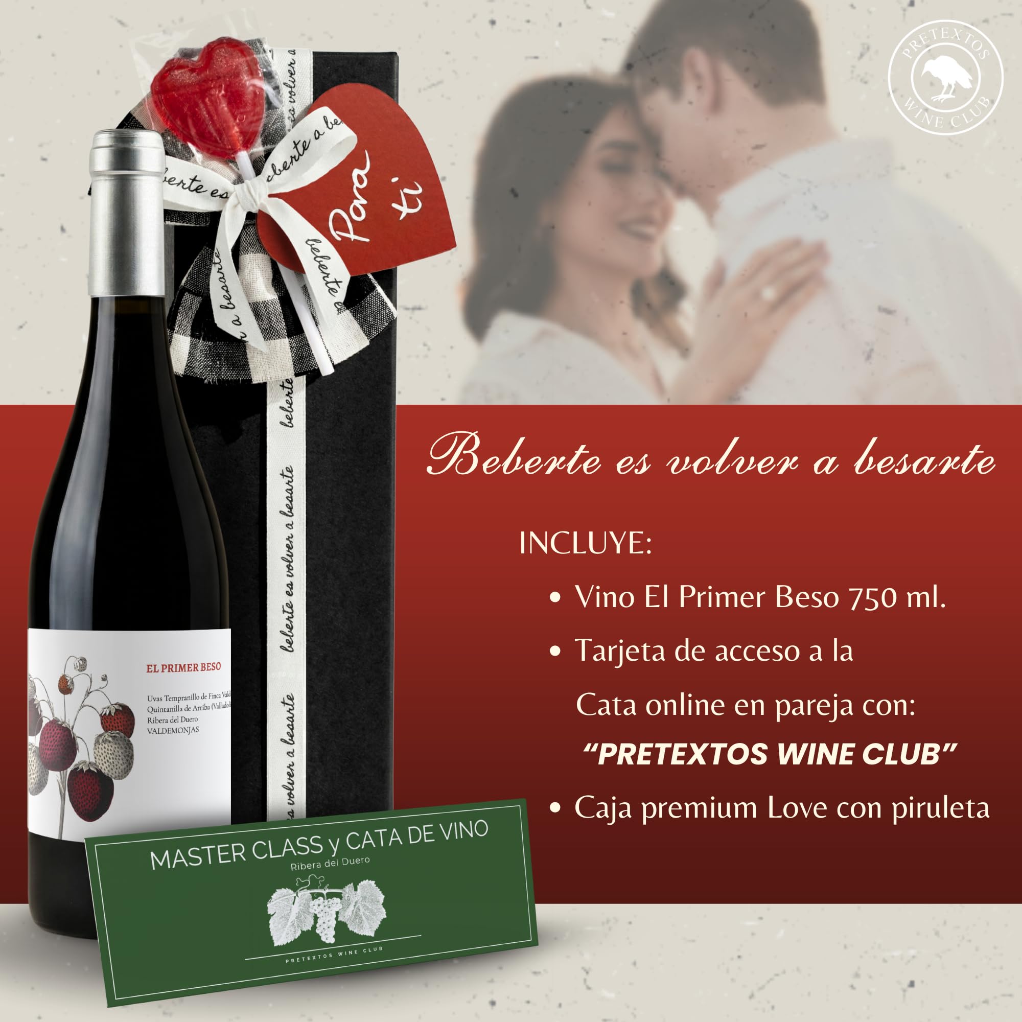 Caja Regalo Botella Vino Tinto Ribera Del Duero San Valentin. Regalos Originales Para Hombre | Regalo Pareja | Regalo Aniversario | Regalo San Valentin | Cata De Vino | Vino Ribera El Primer Beso