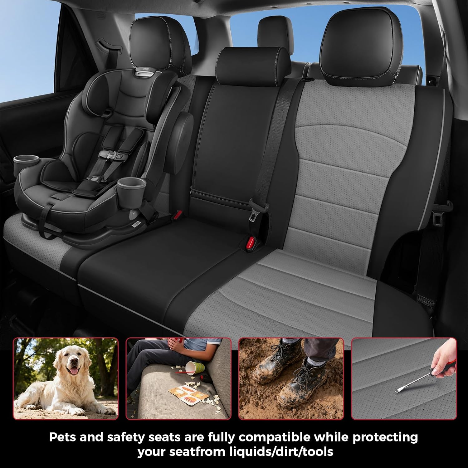 FREESOO 4Runner Seat Covers 7 Seats 2025 2026, Custom Fit for Toyota 4Runner Leather Car Seat Covers Full Set, Airbag Compatibility, Waterproof Seat Protector(3-Row,7 Seats Model ONLY, BlackGrey)
