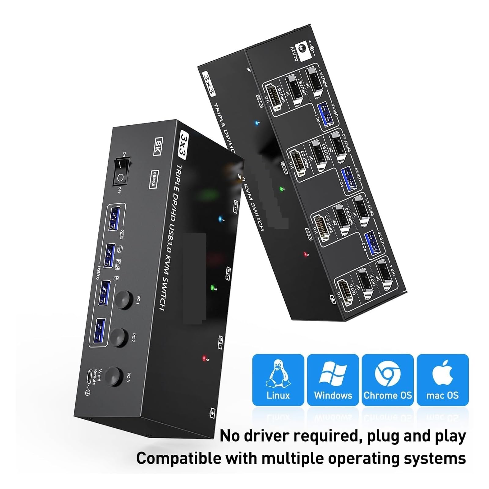 Convertitori video, Switch KVM USB 3.0 3 monitor 3 computer 8K@60Hz 4K@144Hz KVM a triplo monitor con 4 porte USB 3.0 KVM triplo