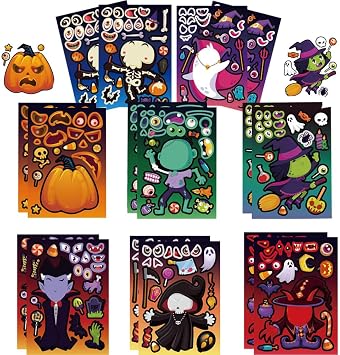 16 Sheets Halloween Stickers, 8 Different Cartoon Designs DIY Stickers for Kids Halloween Party Supplies,Decal for Laptop, Birthday Party Room Decor Gift for Friends Kids Teens Adults