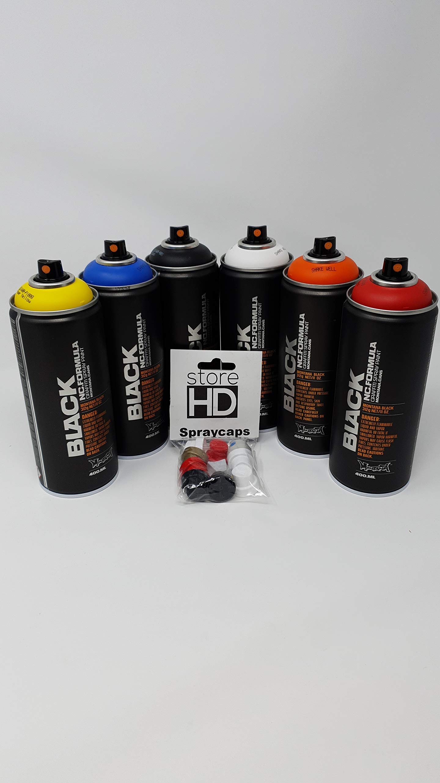 Montana Black Sprühdosen Set Grundfarben + Ersatzsprühköpfe - Graffiti Street Art 6 x 400 ml