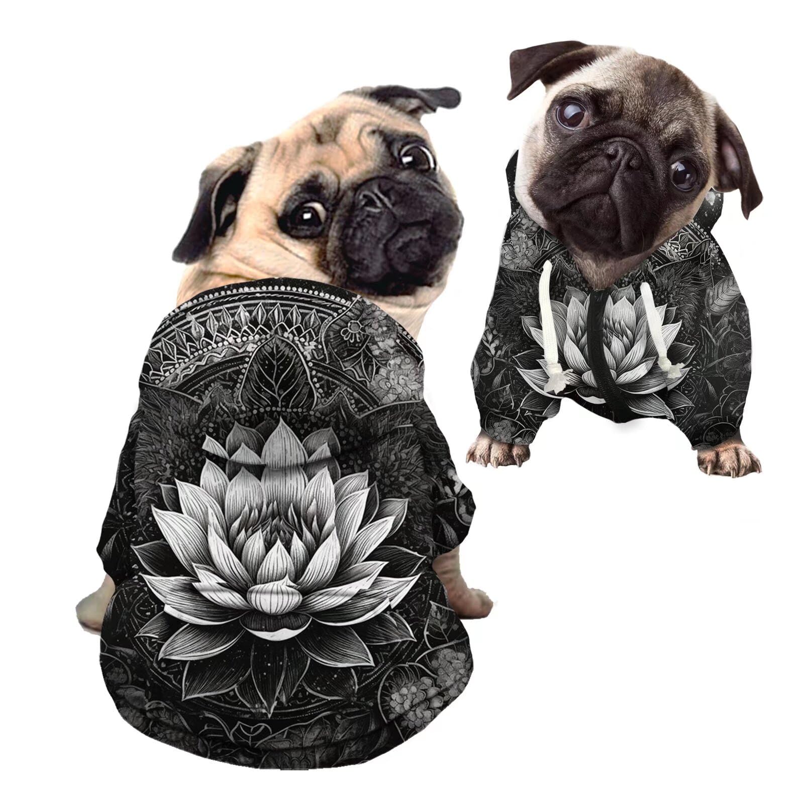 Kuiaobaty Lotus Floral Casual Soft Dog Hoodies Sketch Painting Comfy Doggy Hooded Sweatshirt Autumn Winter Stretchy Pet Jacket Sweater with Hat - L