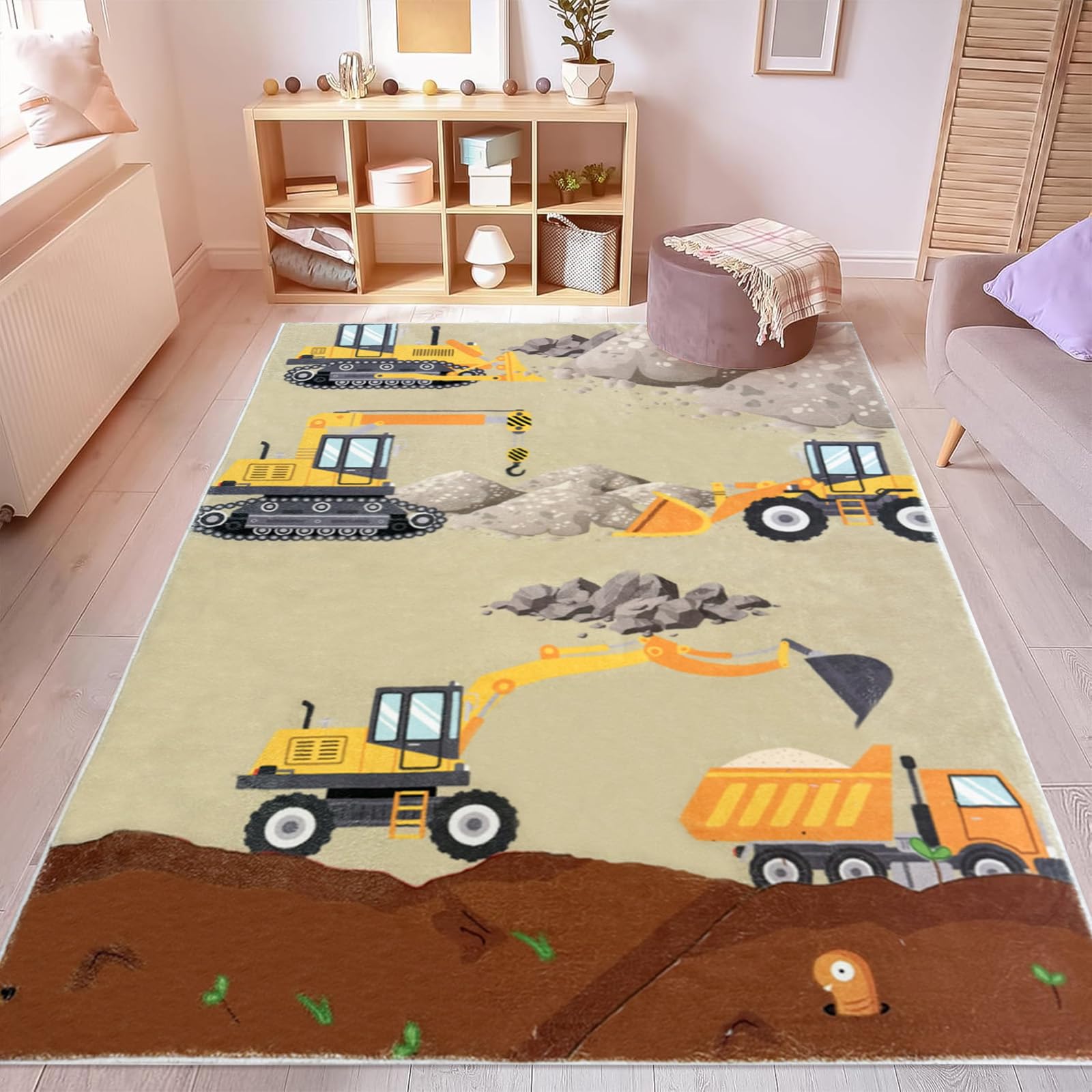 USTIDE Tappeto da costruzione per camera dei ragazzi, grande, carino, tappeto da escavatore, morbido, antiscivolo, per sala giochi, camera da letto, soggiorno, asilo nido aula, 150 x 200 cm