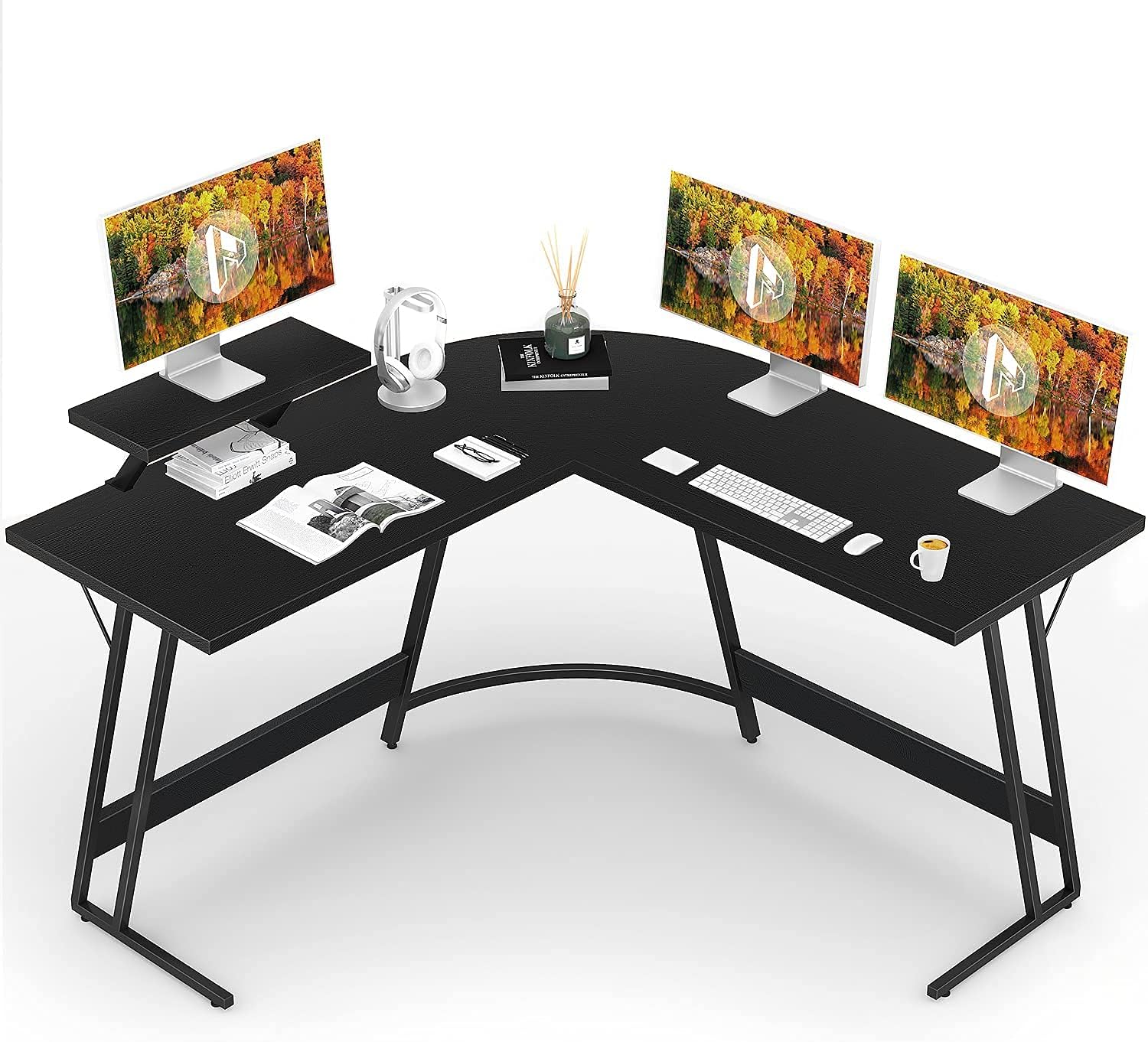 HomallComputer Desk L-Shaped Corner Desk Home Office Writing Study Gaming Desk PC Table with Large Monitor Stand Desk Workstation (Black)