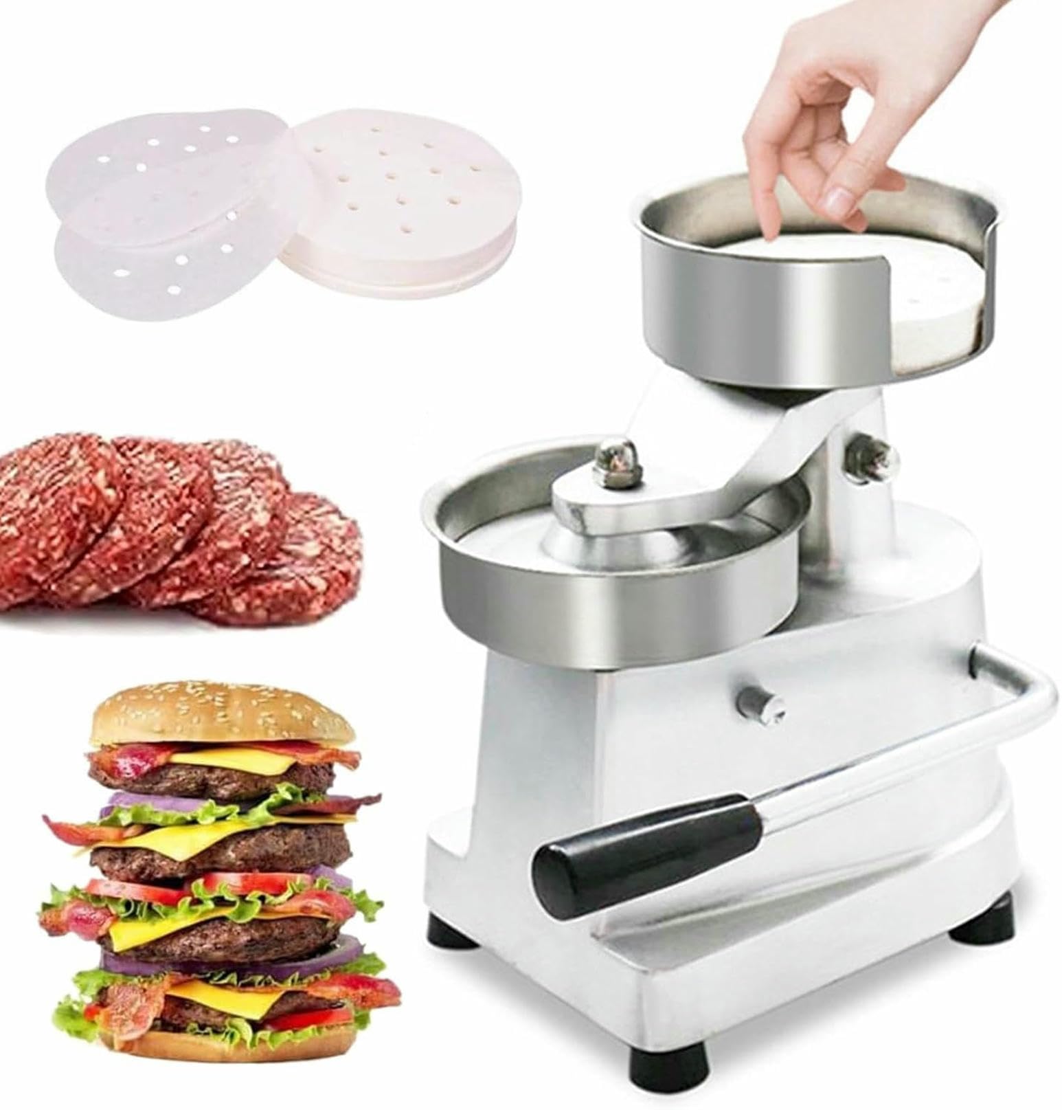 Presse à hamburgers en inox de 10 à 15 cm avec papier de cuisson pour steaks et galettes