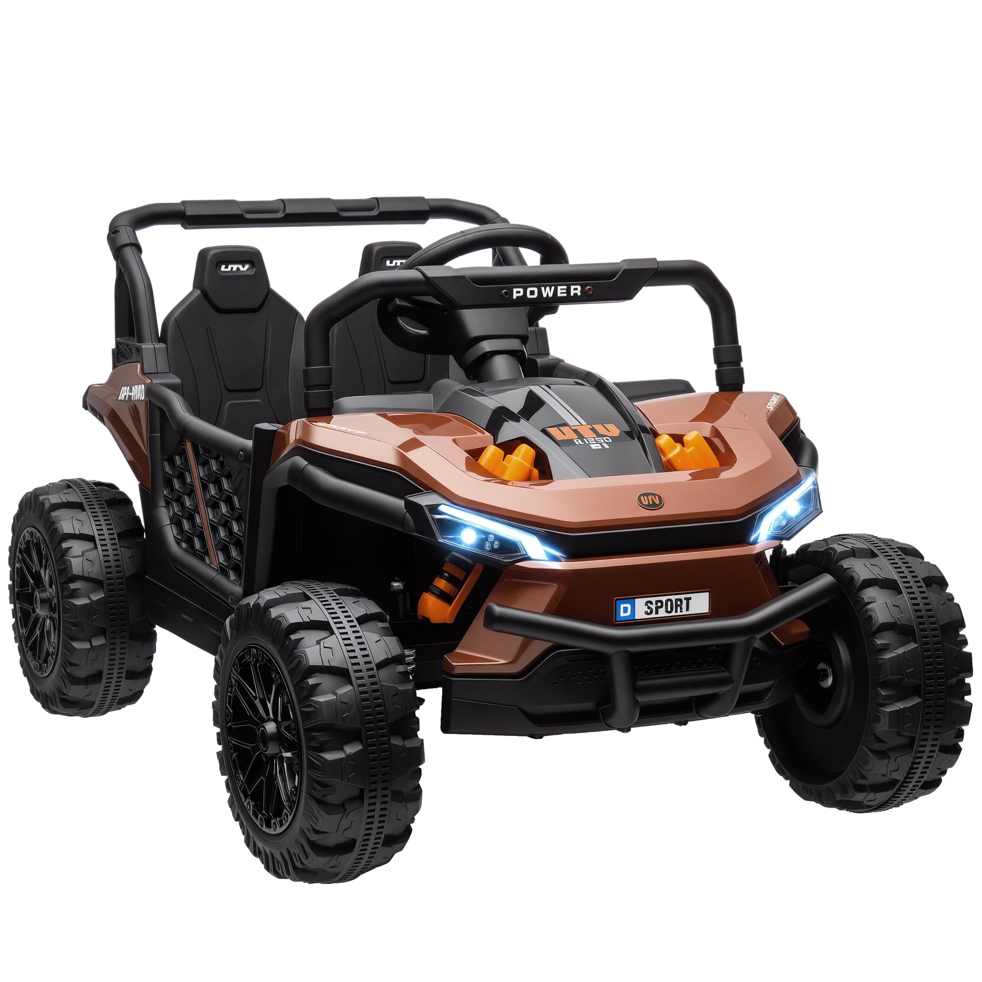 AIYAPLAY Kids Ride on Car, 12V Battery Powered Electric Truck with Remote Control, 4 Suspension Wheels, Horn, Lights, Music, USB, for Ages 3-5 Years, Brown